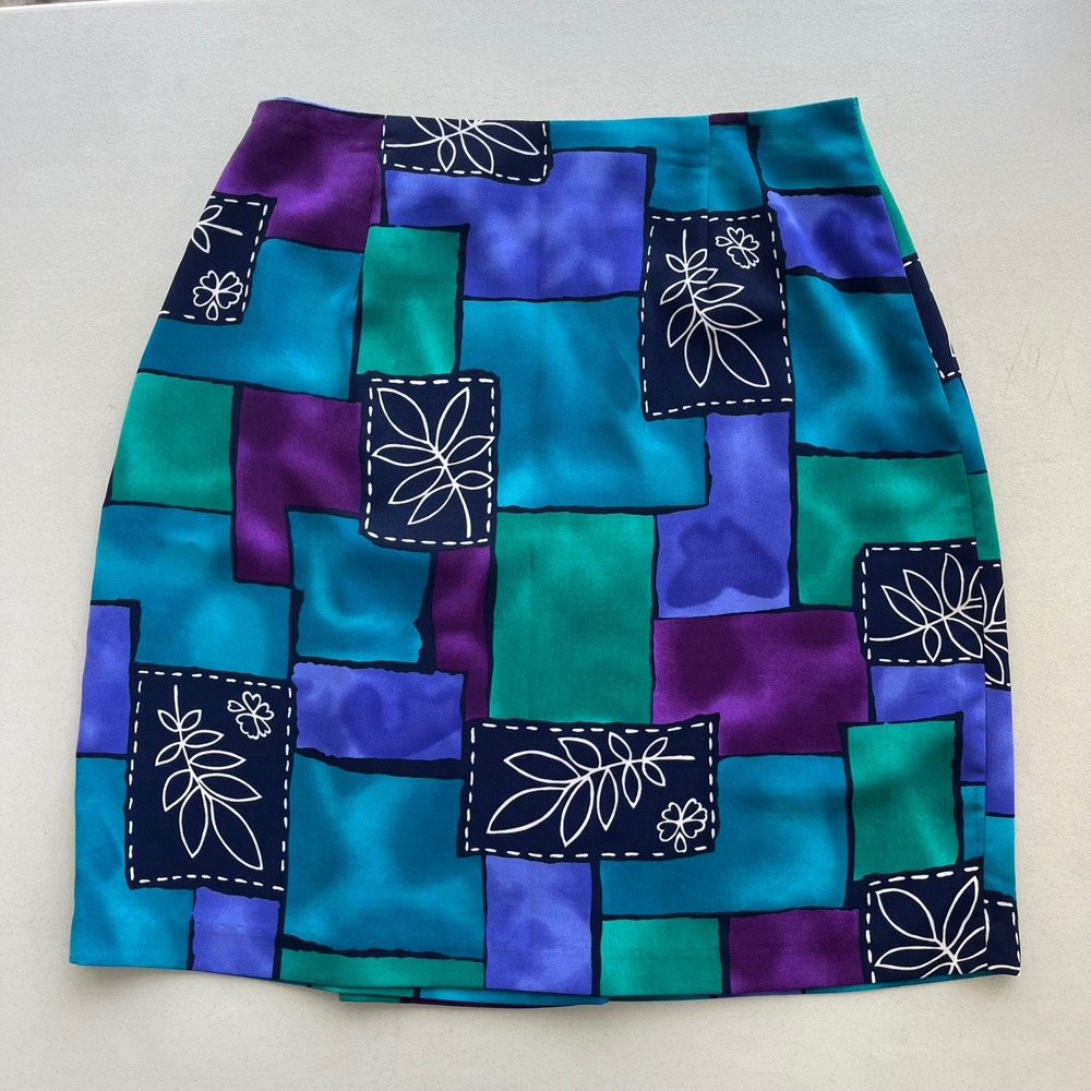Vintage Michael Taylor 10 Teal Purple Geometric Pattern Pencil Skirt 90 USA Chic - Picture 2 of 10